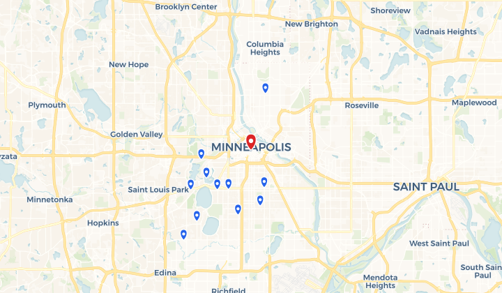 Minneapolis Heat Pump Pros service area map — Minneapolis, MN with 11 marked neighborhoods